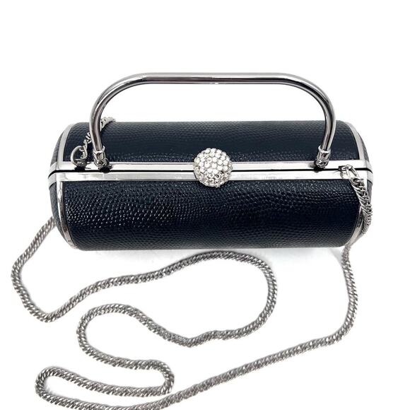 Black & Silver Cylinder Shaped Convertible Clutch Crossbody Small Evening Bag - Picture 3 of 7